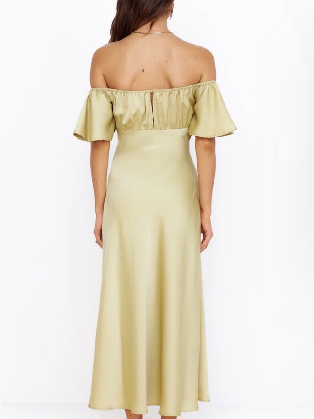Boutique Off-Shoulder Yellow/Green Midi Dress with Ruffle Sleeves - Picture 3 of 4